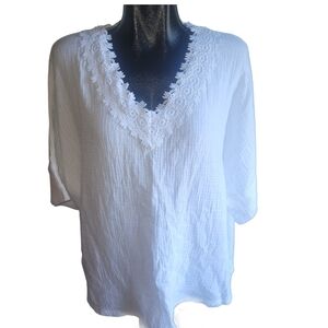 Jones New York White Lace Trim V-Neck Short Sleeve Blouse 1X